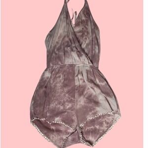Mimi Chica Romper Tie Dye Halter Pom Pom Trim Boho Festival Mauve Large